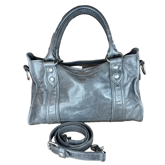 Frye Leather Satchel Shoulder Bag Gray Purse Tote Handbag Med Crossbody Silver - Picture 2 of 16